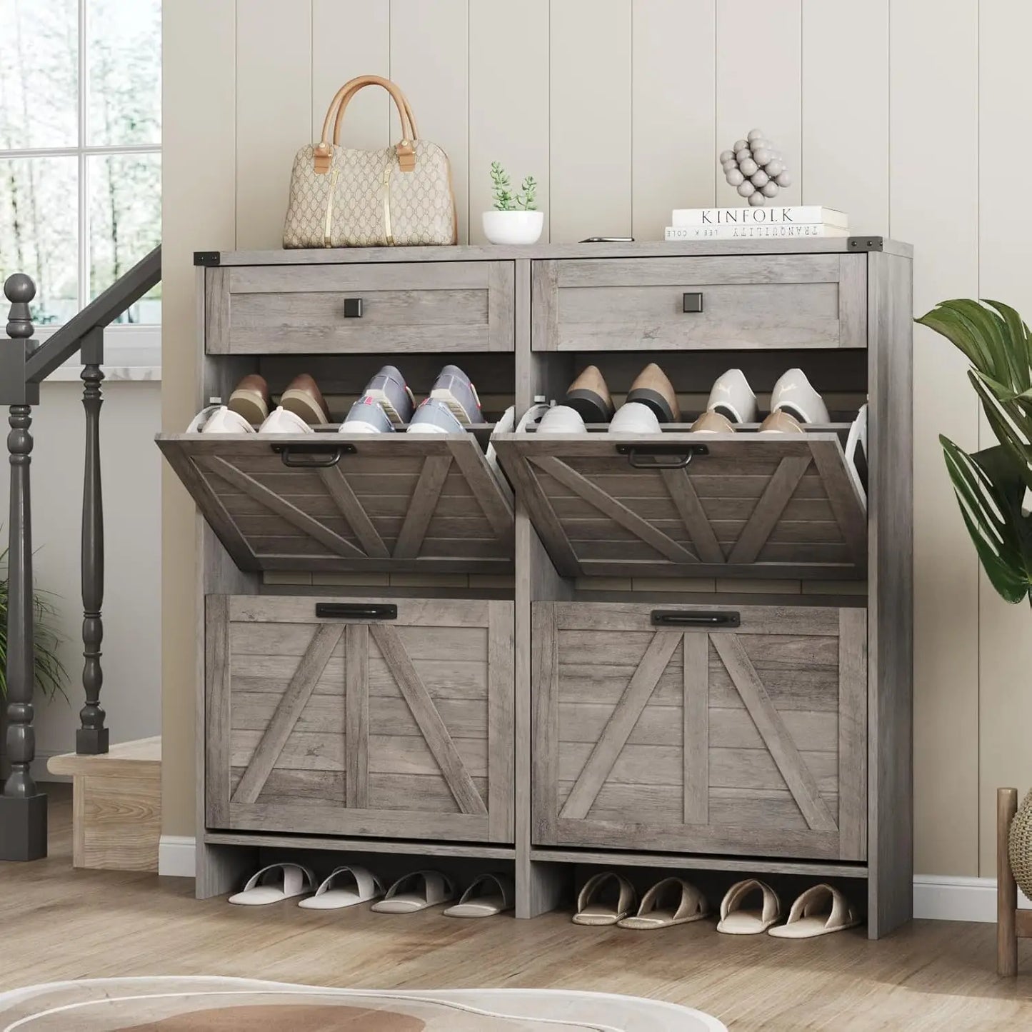 Shoe Cabinet with 2 Flip Drawers & 2 Drawers,Farmhouse Shoe Storage Cabinet for Entryway,Slim Freestanding Narrow Organizer Rack