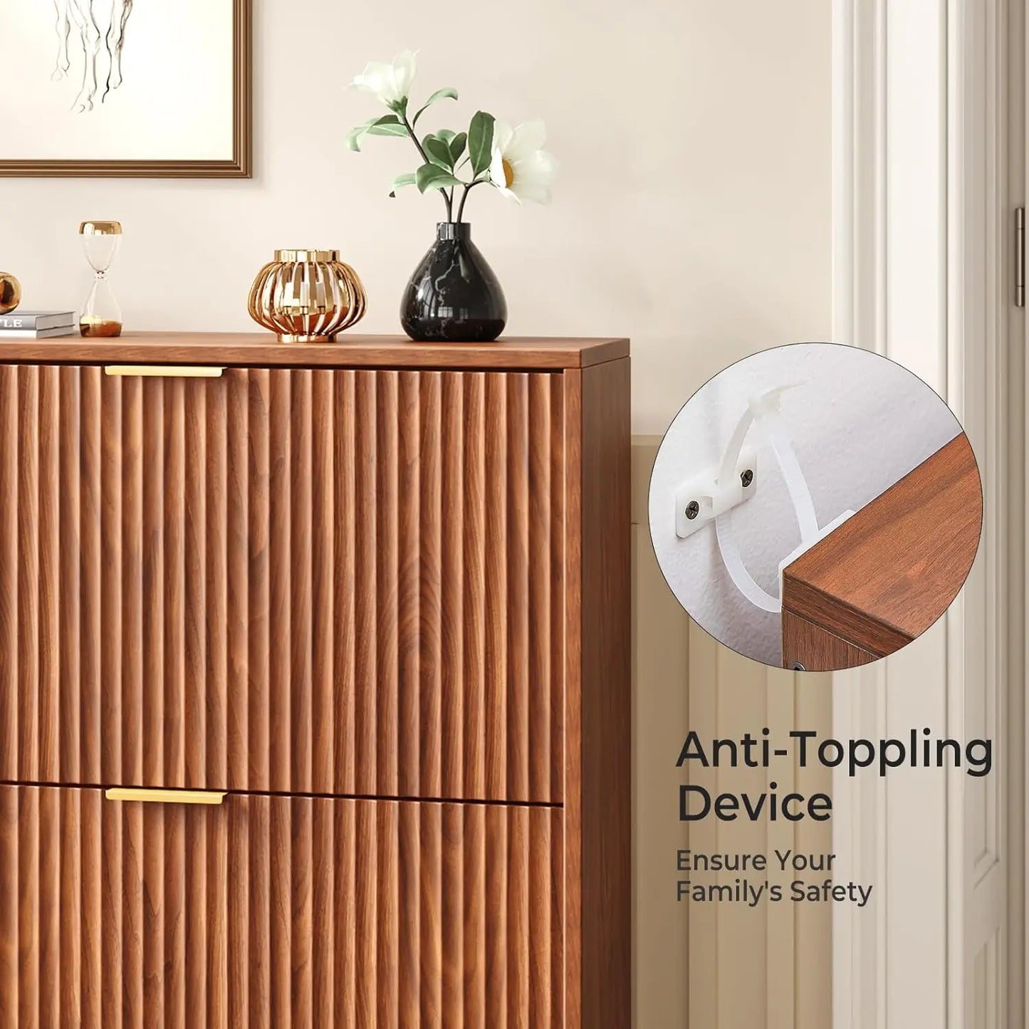 31.5''W Walnut Shoe Storage Cabinet for Entryway with 2 Flip Drawers, Fluted Slim Shoe Cabinet, Free Standing Wooden Shoes