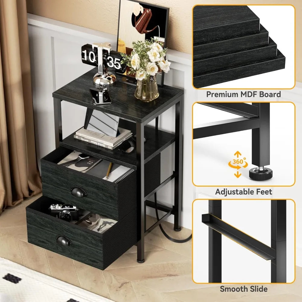 Nightstands Set of 2, End Tables w/Charging Station and LED Lights,Night Stands with 2 Fabric Drawers, Bedside Tables Set of 2