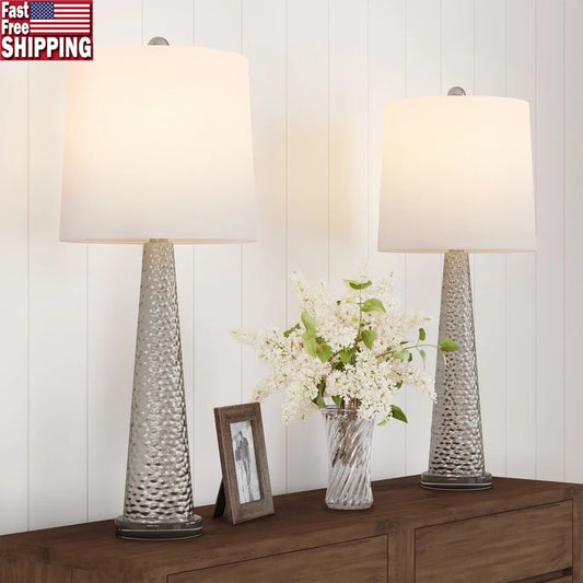 2 Piece Hammered Glass Table Lamp Set with Ivory Shade Durable LED Lighting Living Room Bedroom Office