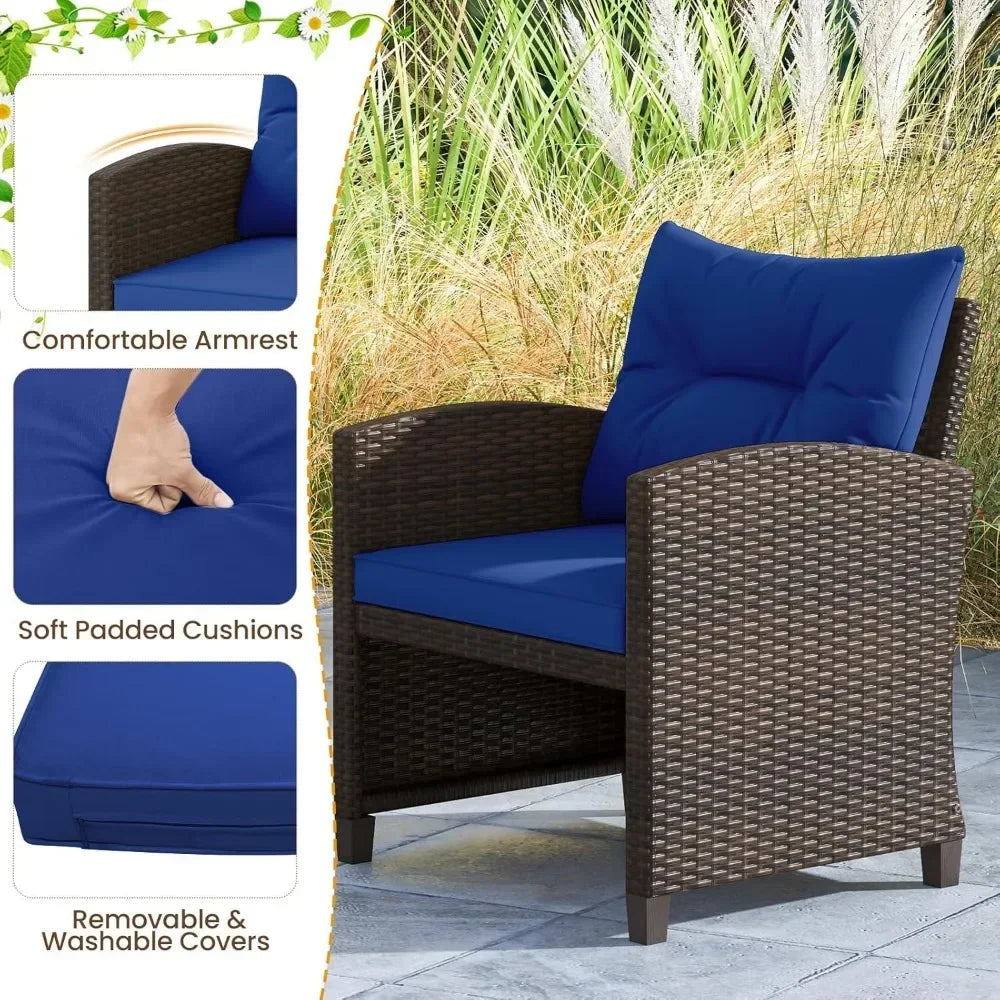 5 Pieces Patio Furniture Set with Ottoman, Wicker Conversation Set w/Cushions, Glass Coffee Table, Outdoor Rattan Lounger Chairs