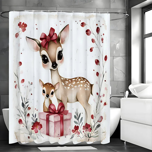 Christmas Heartful Little Deer Shower Curtain Washable Dirt-Resistant Shower Head waterproof Polyester Bath Curtain