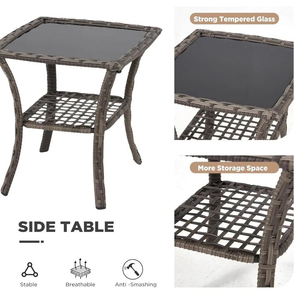 3 Piece Outdoor Swivel Chair Set, Wicker Patio Bistro Set with Thickened 25D Cushions and Glass Coffee Table, Patio Furniture C
