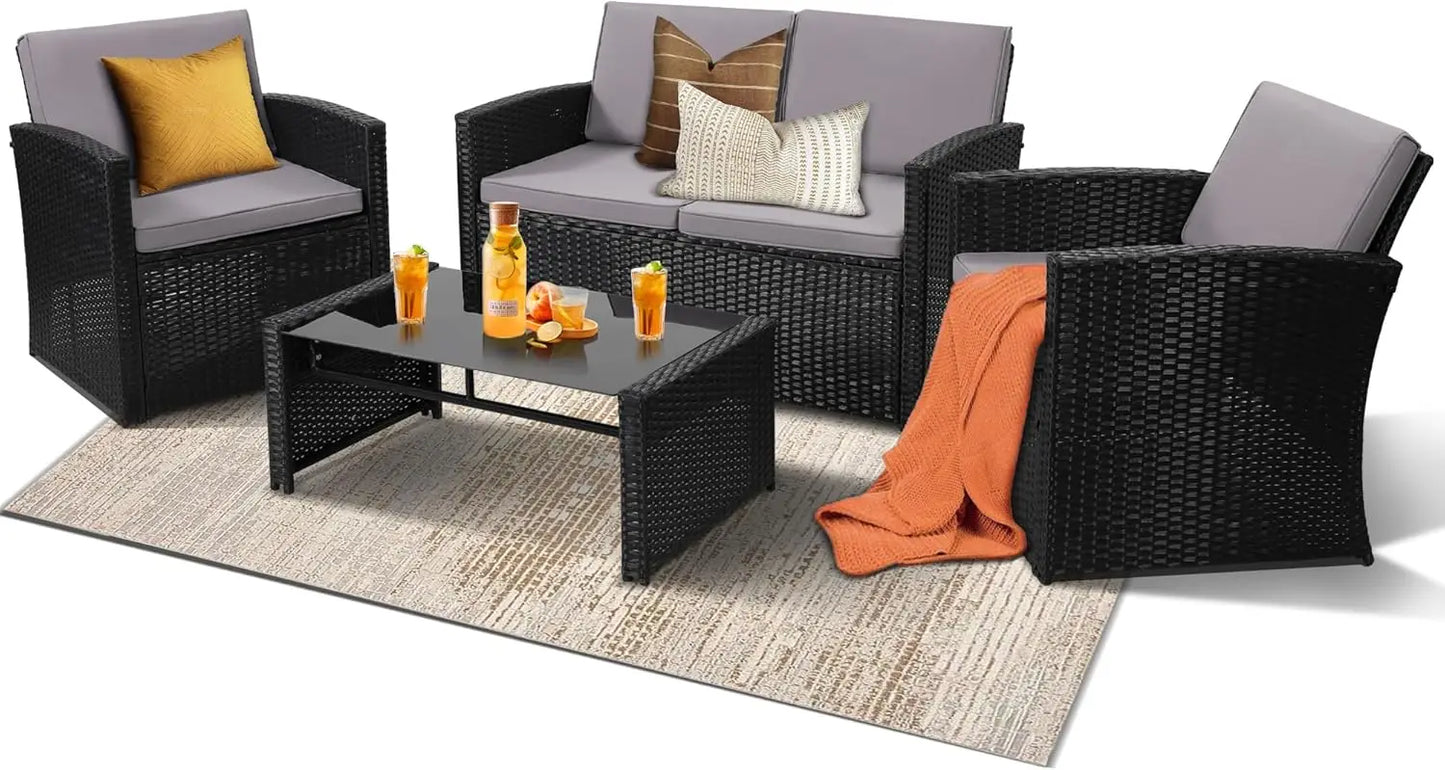 4 Pieces Patio Conversation Set, Outside Rattan Sectional Sofa, Cushioned Furniture Set, Wicker Sofa Ideal for Garden,Backyard