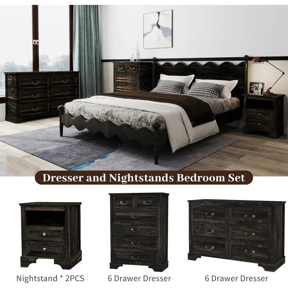 Farmhouse Bedroom Set, 3 Pieces Bedroom Furniture Set, Rustic Wood 6 Drawer Dresser and 2 Nightstands.