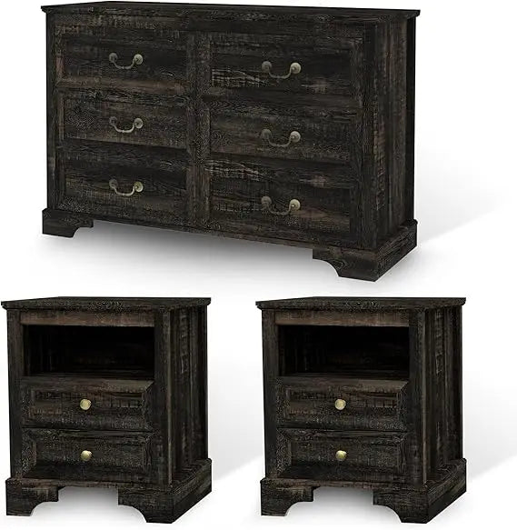 Farmhouse Bedroom Set, 3 Pieces Bedroom Furniture Set, Rustic Wood 6 Drawer Dresser and 2 Nightstands.