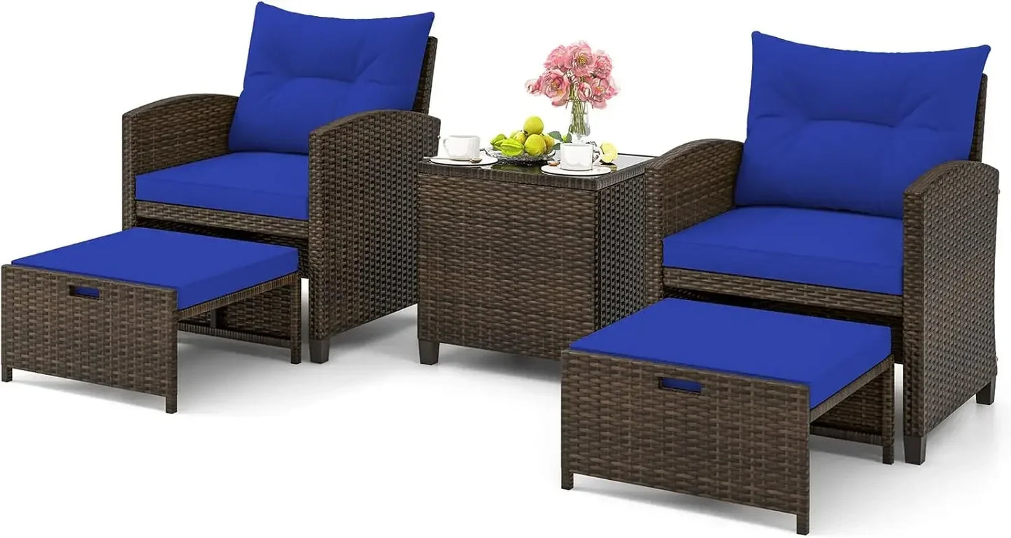 5 Pieces Patio Furniture Set with Ottoman, Wicker Conversation Set w/Cushions, Glass Coffee Table, Outdoor Rattan Lounger Chairs