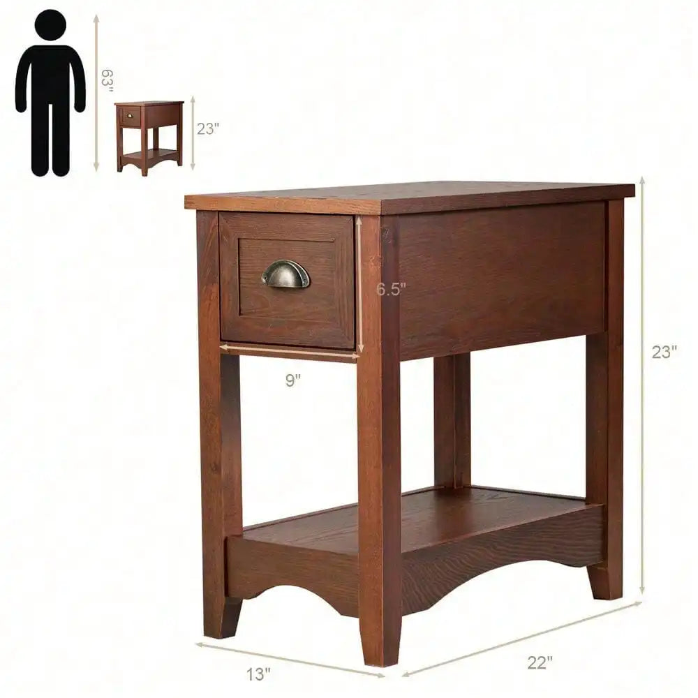 Set of 2 Contemporary Side End Table Compact Table w/ Drawer Nightstand Walnut