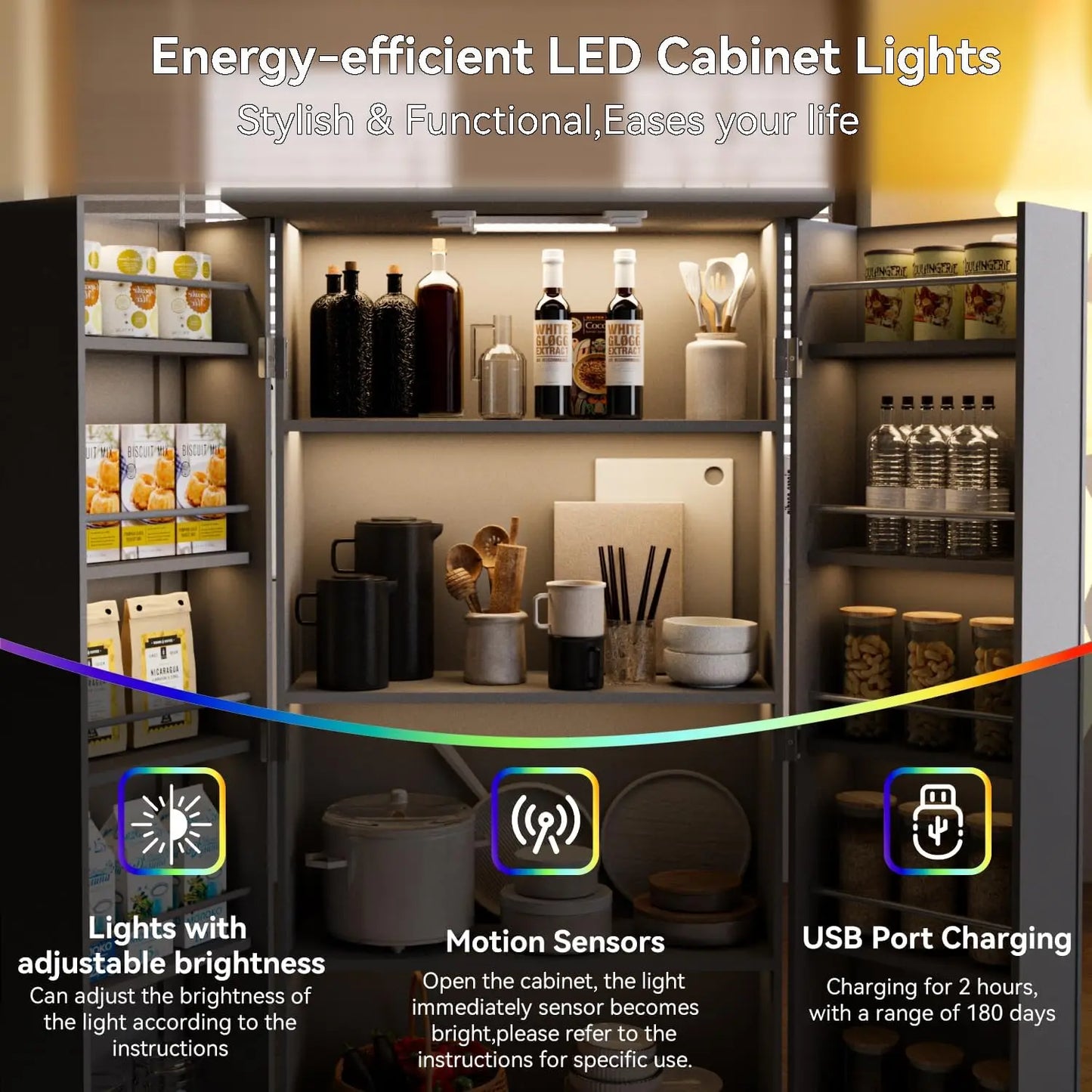 LED Kitchen Pantry Cabinet with 3 Adjustable Shelves and 2 Doors Wood Pantry Storage Cabinet with Handle for Kitchen Living Room