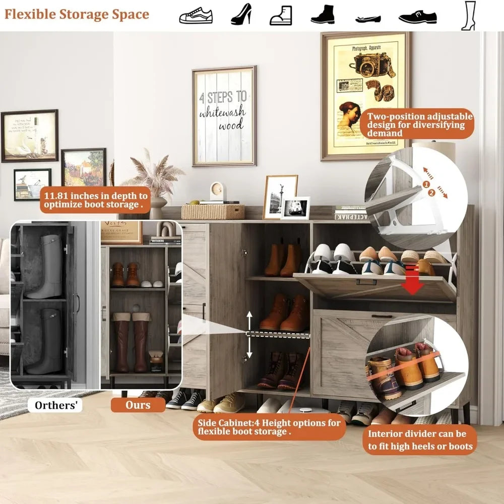 Large Shoe Cabinet with 4 Flip Drawers, Farmhouse Narrow Shoe Organizer Cabinet for Entryway, Hidden Shoe Rack w/ Adjustable Sto