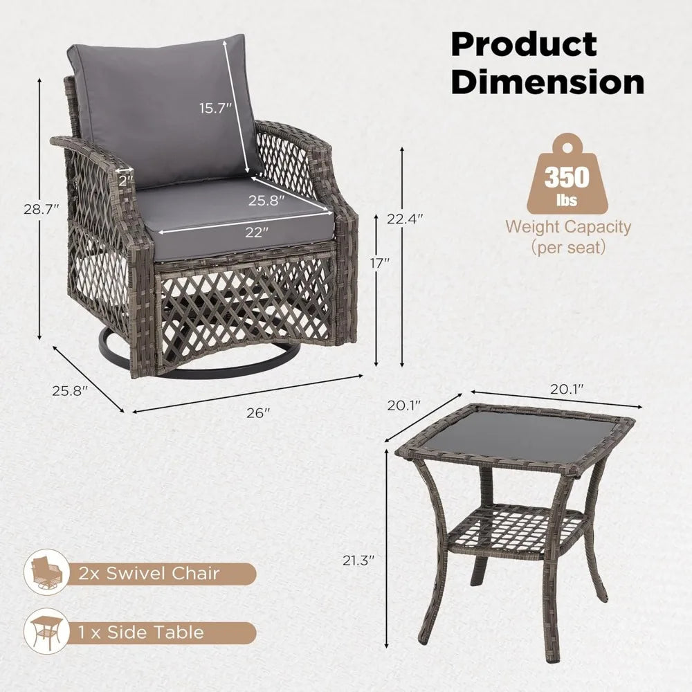 3 Piece Outdoor Swivel Chair Set, Wicker Patio Bistro Set with Thickened 25D Cushions and Glass Coffee Table, Patio Furniture C