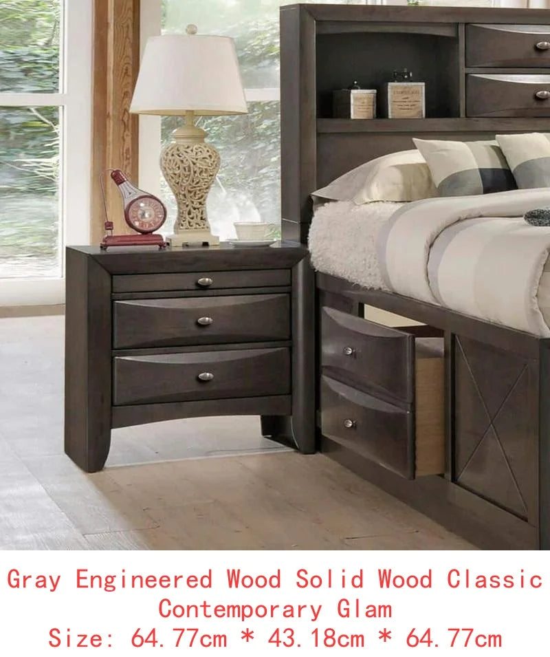 Contemporary King Size Bed Set with 2 Nightstands and Headboard in Gray - 3 Piece Bedroom Furniture
