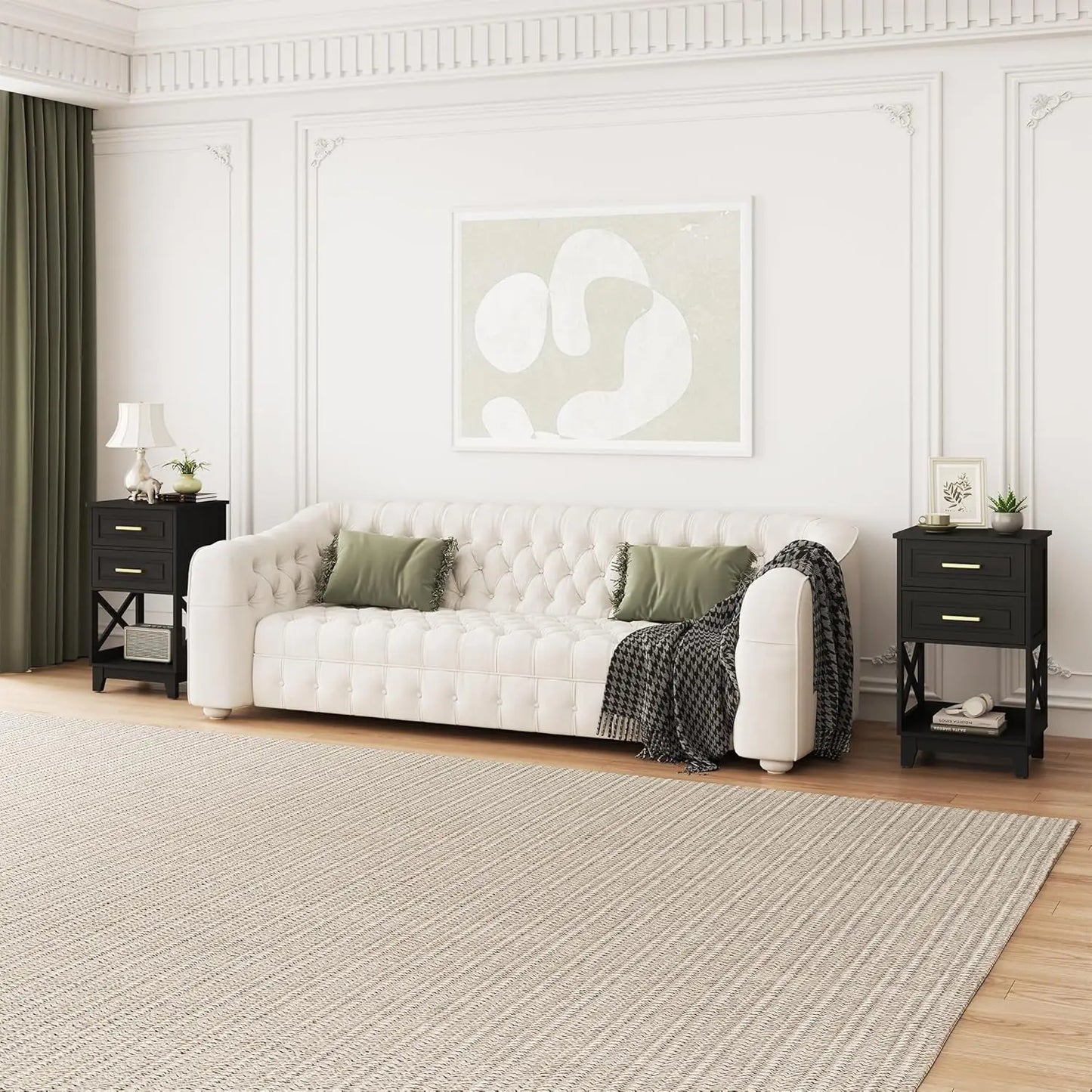 30" Tall Nightstand Set of 2, Black Beside Table with 2 Drawers and Open Shelf Below, Modern Night Stand End Table for Bedroom,