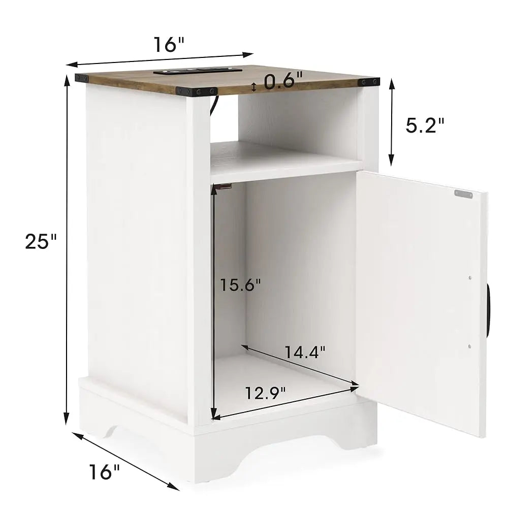 Farmhouse Nightstand, White End Table With Charging Station, Tall Bedside Table With Large Storage Room And Shelf, Wooden