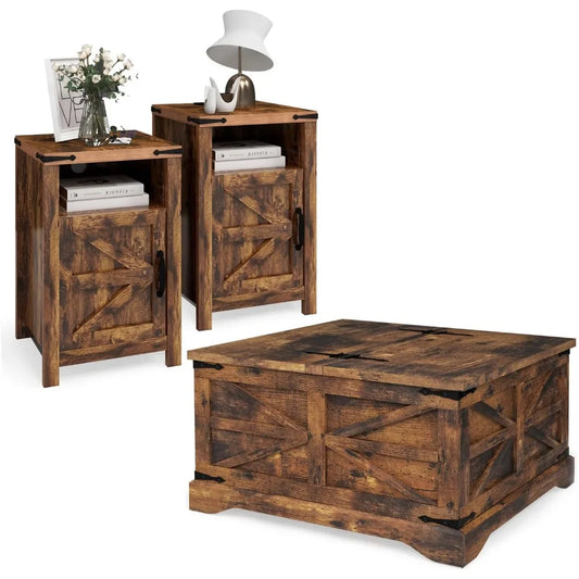 3-Piece Farmhouse Table Set Includes 31” Coffee Table and Side Tables with Storage Space, Retro Tables for Living Room, Brown