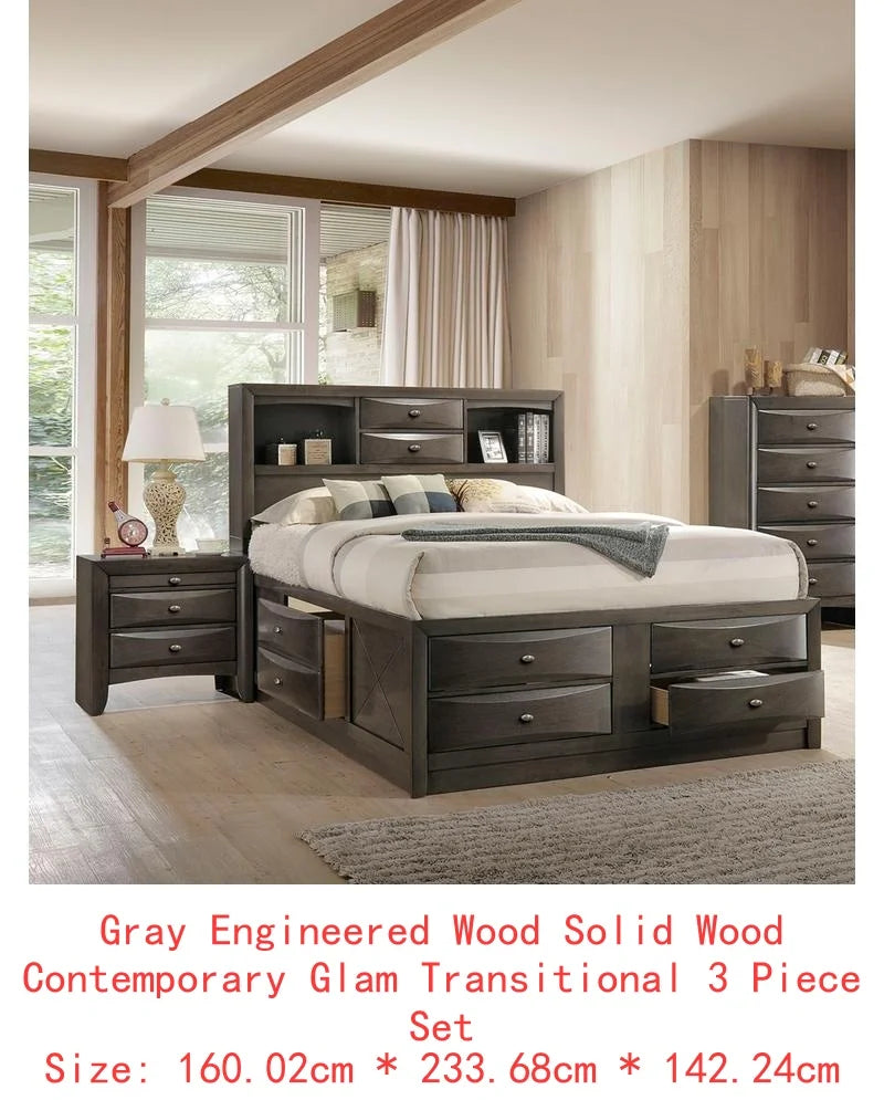 Contemporary King Size Bed Set with 2 Nightstands and Headboard in Gray - 3 Piece Bedroom Furniture