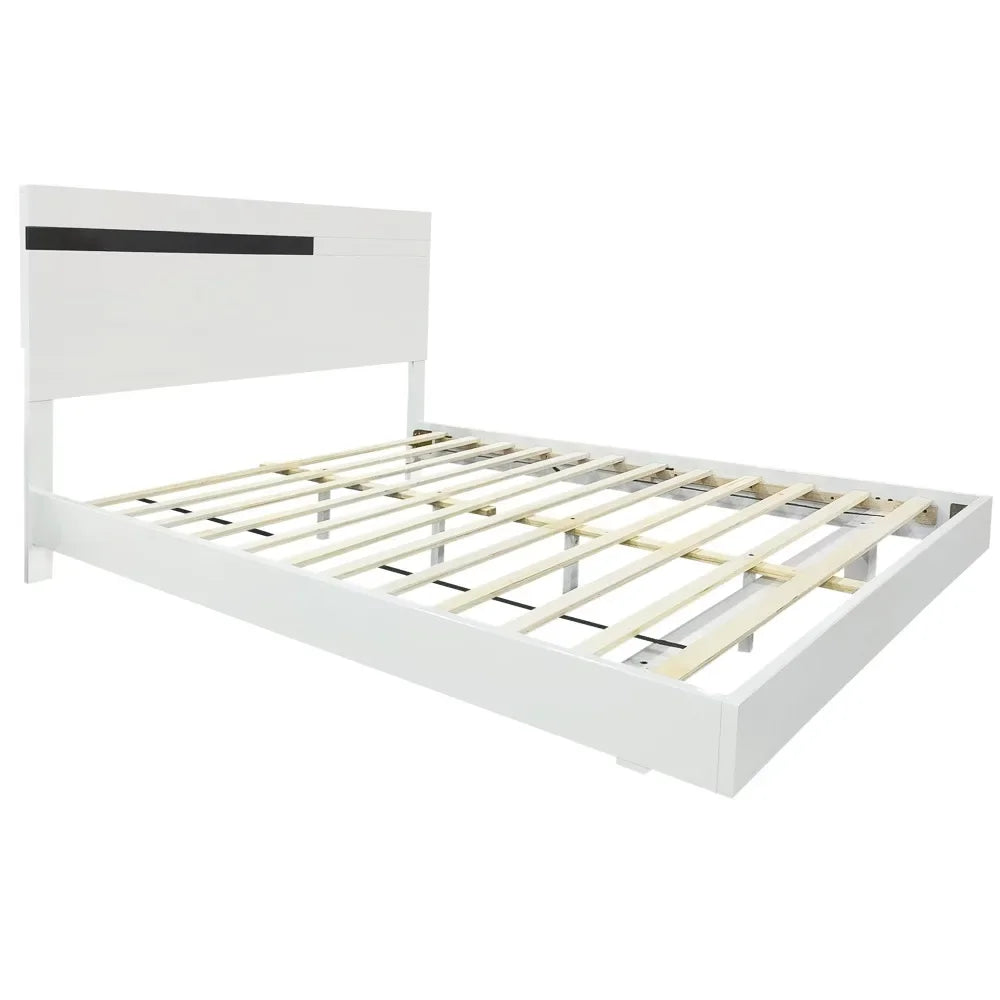 Modern High Gloss 3-Piece Bedroom Set Floating Bed Frame Queen Size Platform Bed with LED Light & 2 Nightstands, White