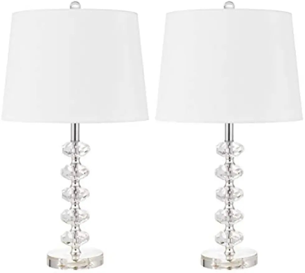 Bedside Table Lamp Set of 2 w/Off-White Drum Shade 23" Modern Clear Stacked Crystal Ball Nightstand for Bedroom Collection