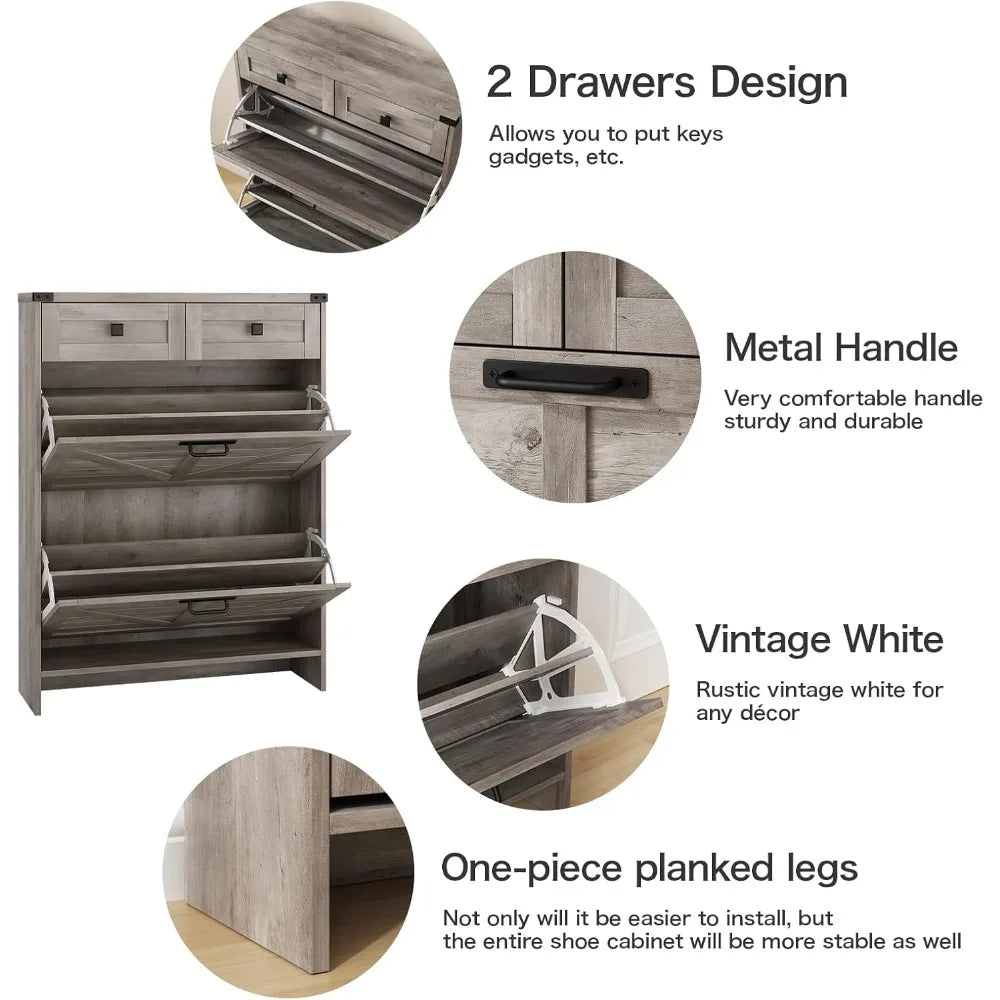 Shoe Cabinet with 2 Flip Drawers & 2 Drawers,Farmhouse Shoe Storage Cabinet for Entryway,Slim Freestanding Narrow Organizer Rack