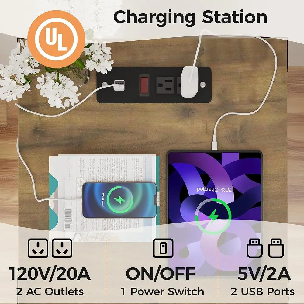 Farmhouse Nightstand, White End Table With Charging Station, Tall Bedside Table With Large Storage Room And Shelf, Wooden