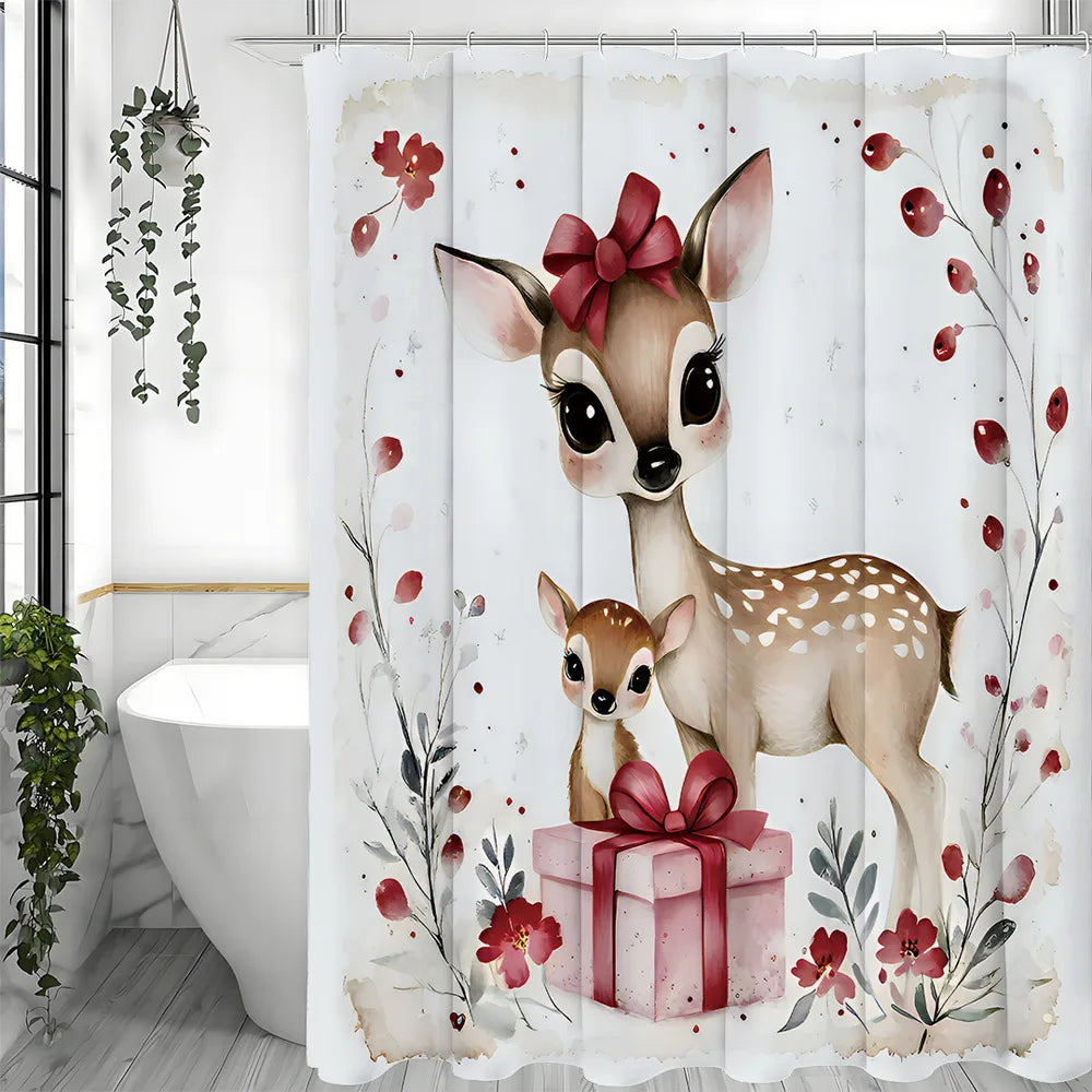 Christmas Heartful Little Deer Shower Curtain Washable Dirt-Resistant Shower Head waterproof Polyester Bath Curtain