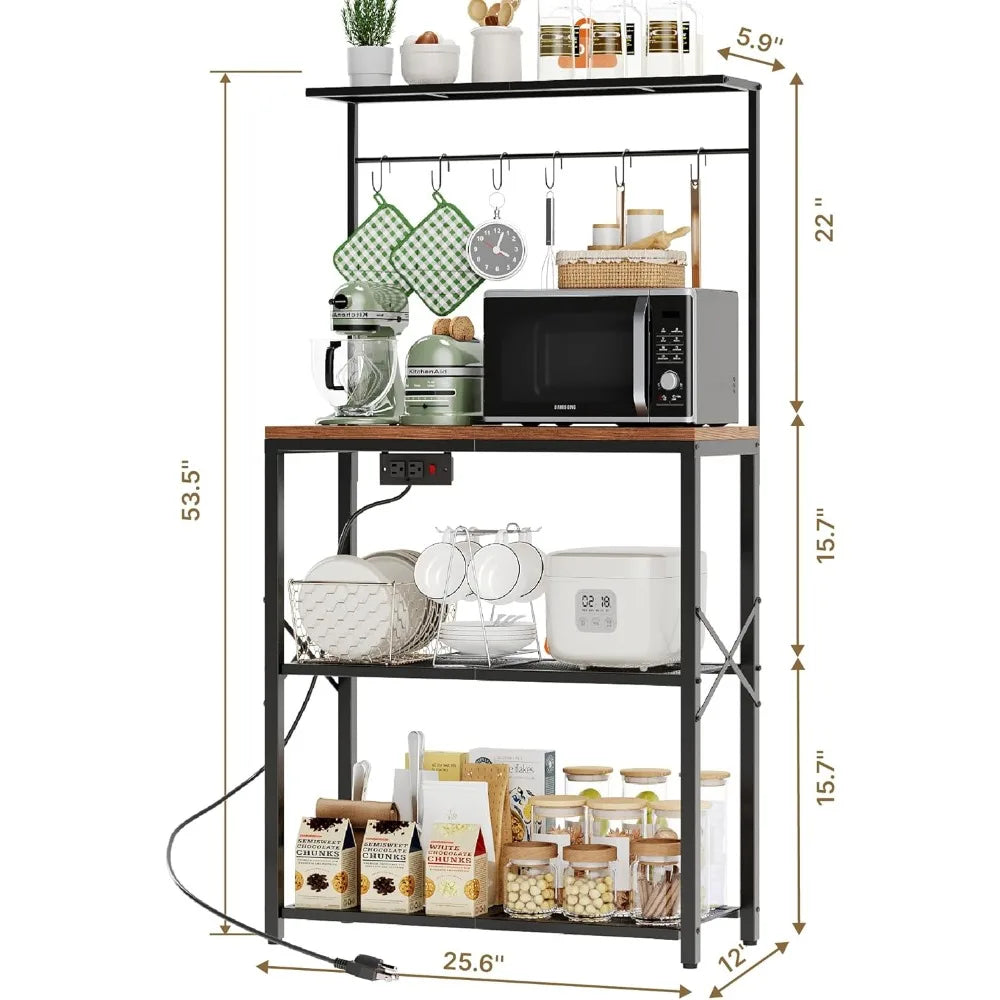 kitchen Bakers Rack with Power Outlet, Coffee Bar Table 4 Tiers, Microwave Stand with 6 S-shaped Hooks, Kitchen Storage Shelf Ra