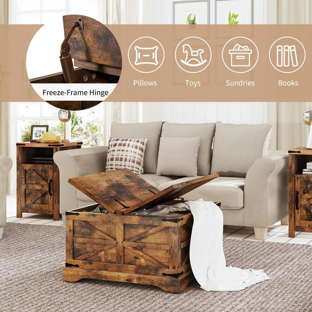 3-Piece Farmhouse Table Set Includes 31” Coffee Table and Side Tables with Storage Space, Retro Tables for Living Room, Brown