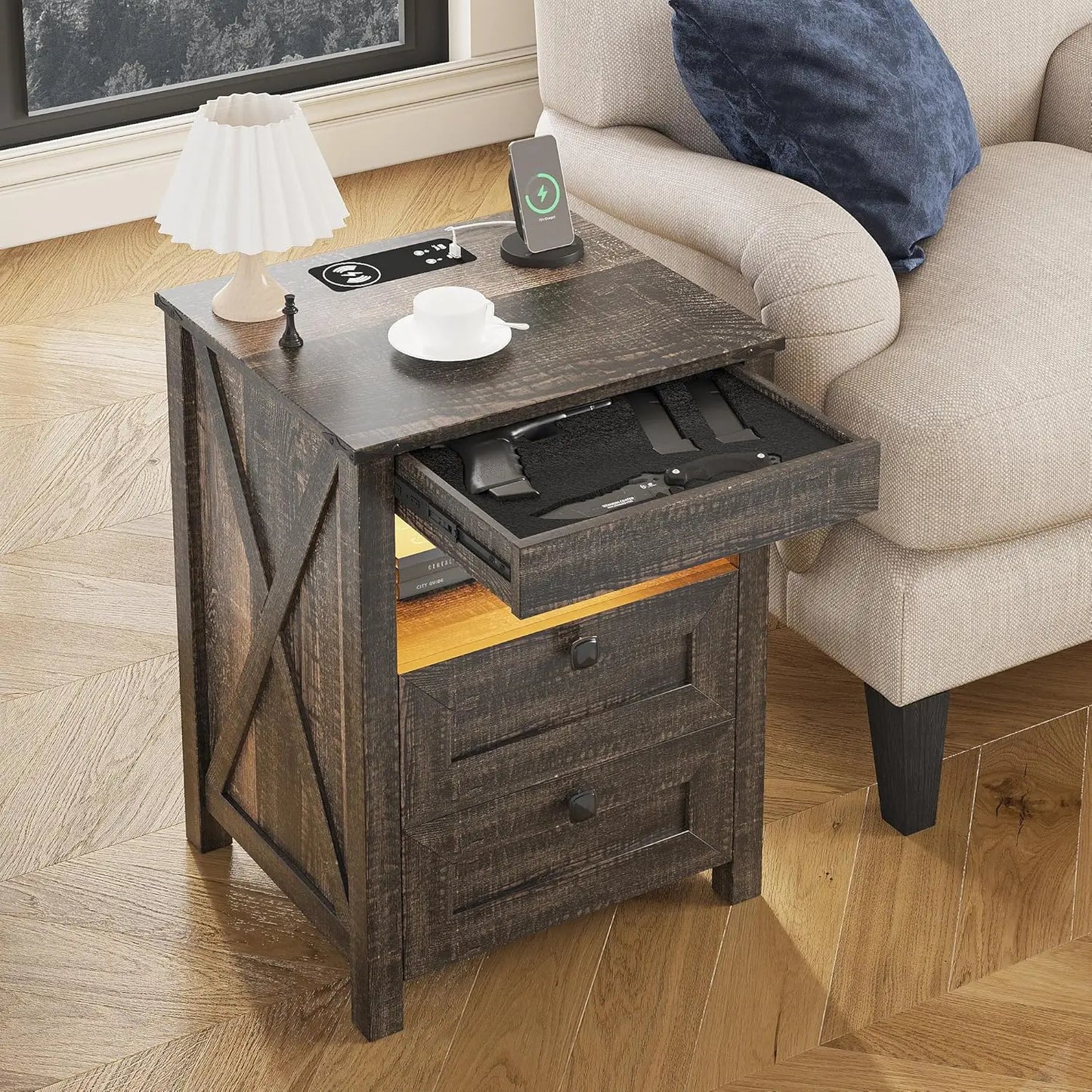 Farmhouse LED Nightstand with Gun Drawer&Invisible Lock,Modern Bedside Table with Human Sensor Design,Rustic Side Table
