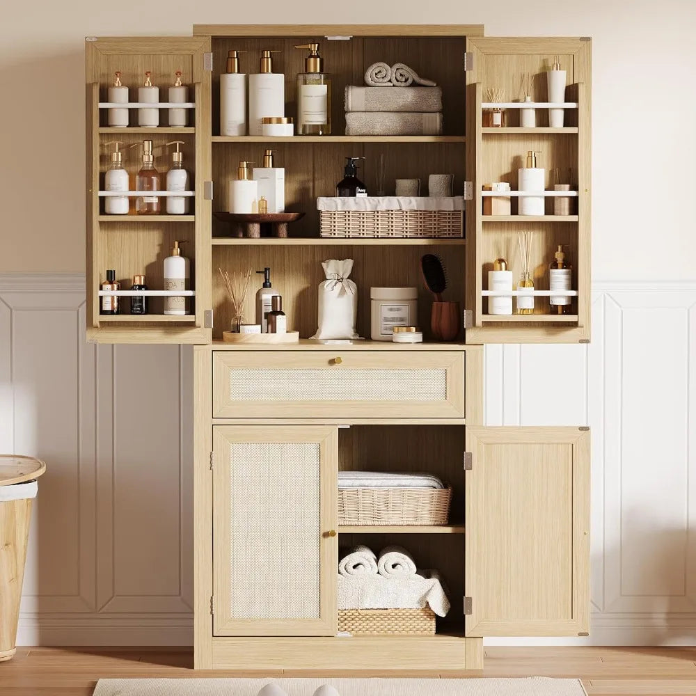 70inch Tall Kitchen Pantry, Rattan Cupboard Storage Cabinet with 1 Drawer and 6 Door Shelves for Dinning Living Room