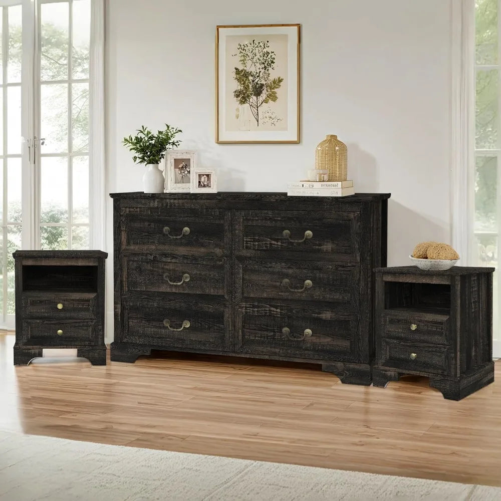 Farmhouse Bedroom Set, 3 Pieces Bedroom Furniture Set, Rustic Wood 6 Drawer Dresser and 2 Nightstands.