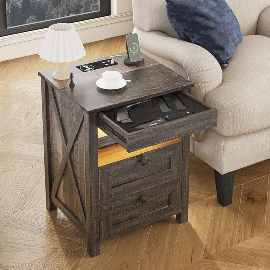 Farmhouse LED Nightstand with Gun Drawer&Invisible Lock,Modern Bedside Table with Human Sensor Design,Rustic Side Table