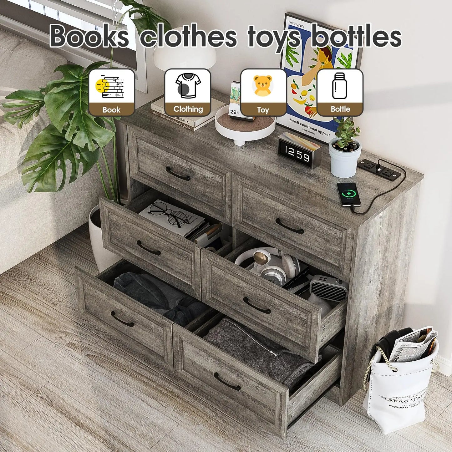 Vabches 6 Drawer Dresser for Bedroom Wood Chest of Drawers with Power Strip Tall Dresser Organizer with Metal Handle for Hallway