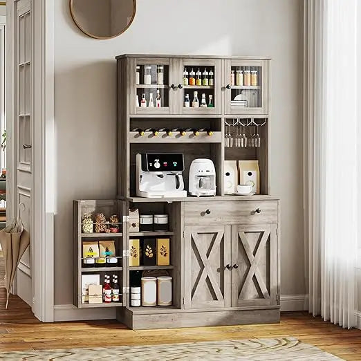 Kitchen Cabinet With Wine Rack & Power Outlet, 71" H Tall Storage Cabinet With Doors, Shelves, Drawer, Goblet Holder