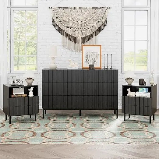 Modern 6-Drawer Solid Wood Dresser and Pair of Nightstands Set, 43" Wide for Bedroom