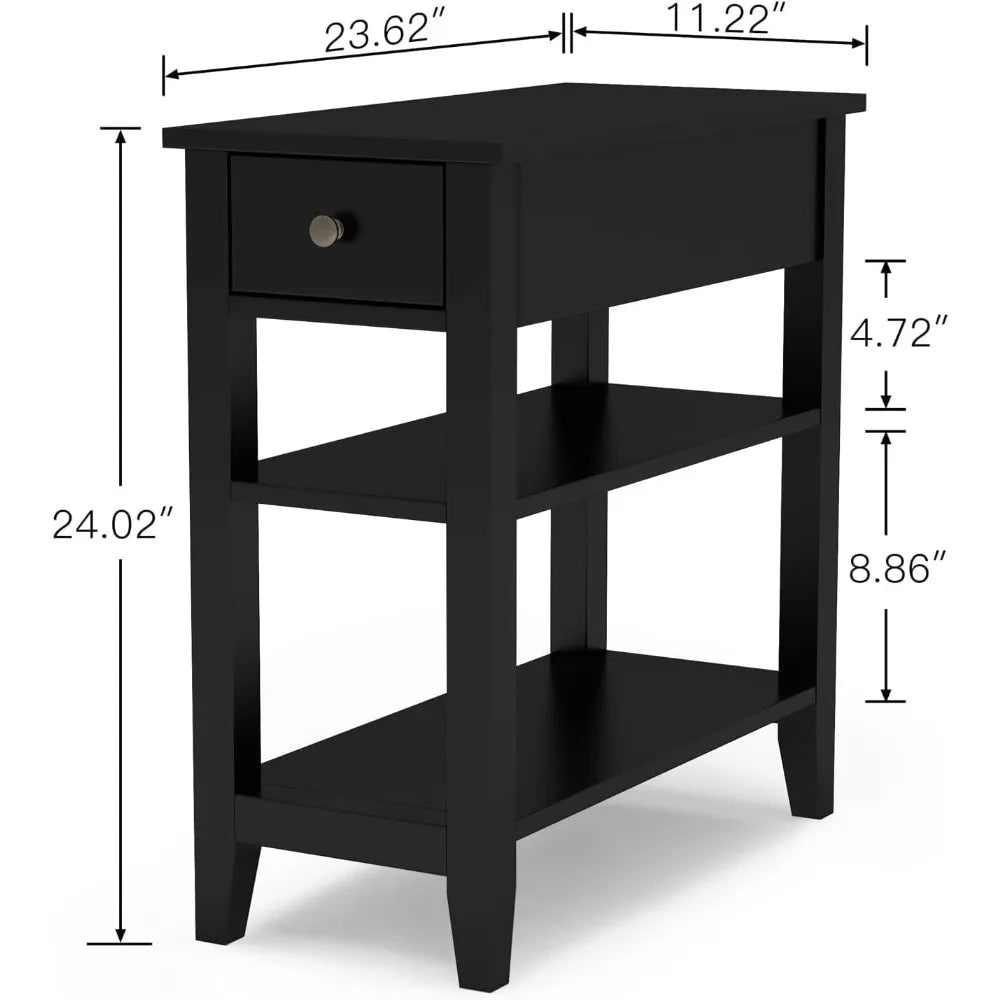 ChooChoo Side Table Living Room, Narrow End Table with Drawer and Shelf, 3-Tier Sofa End Table for Small Space, Black