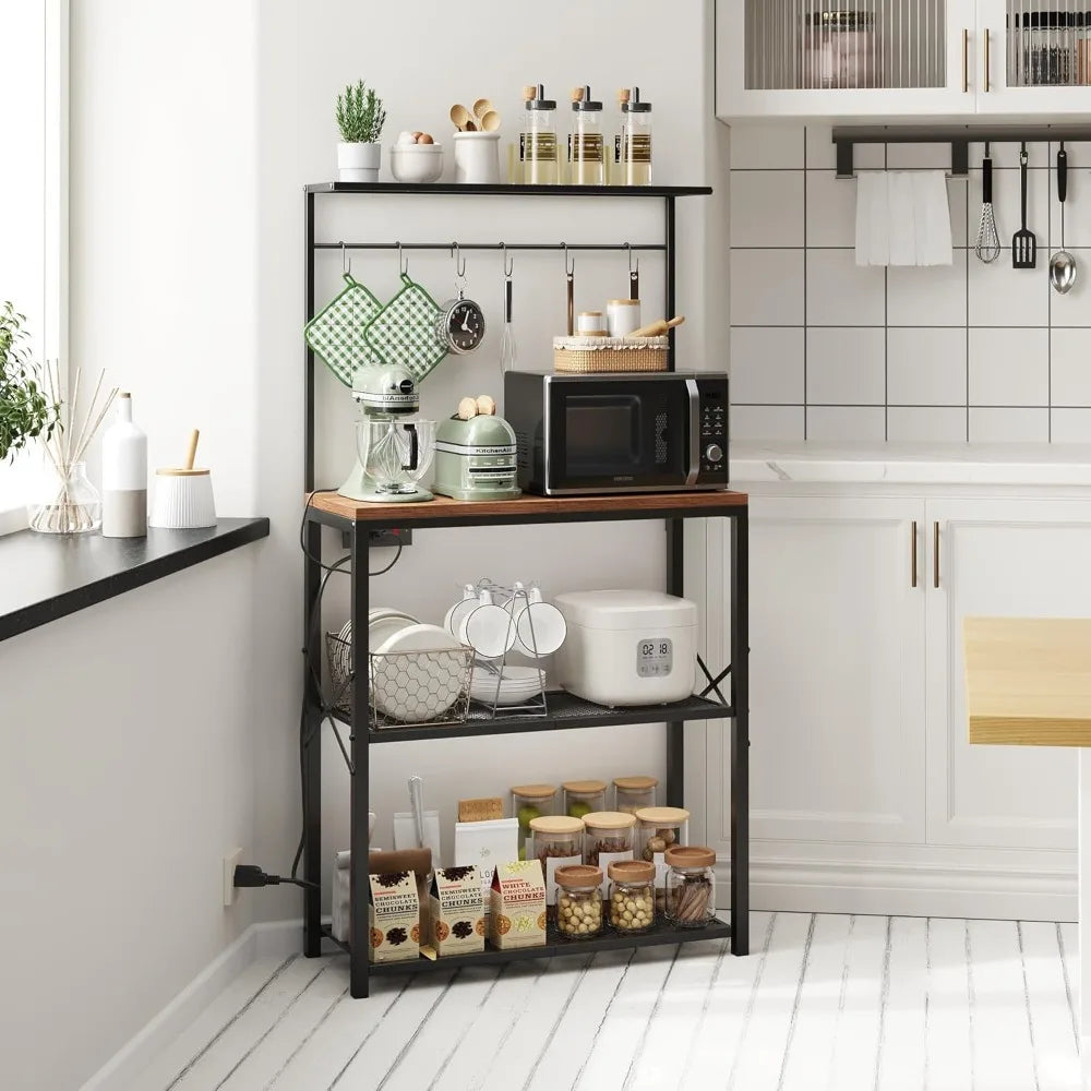 kitchen Bakers Rack with Power Outlet, Coffee Bar Table 4 Tiers, Microwave Stand with 6 S-shaped Hooks, Kitchen Storage Shelf Ra