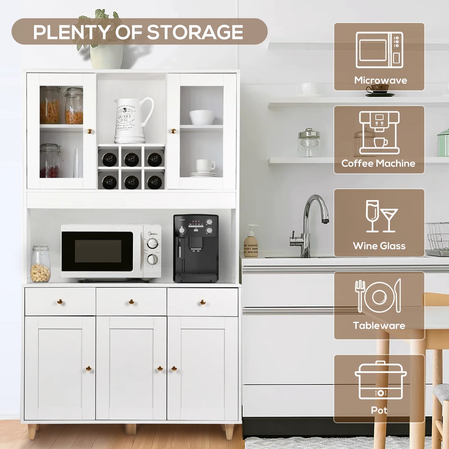 VOWNER 71" Traditional Freestanding Kitchen Pantry with 3 Drawers, Kitchen Storage Cabinet with Adjustable Shelves