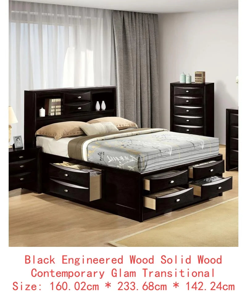 Contemporary Full Size Bed & 2 Nightstands with Headboard Bookcase in Black 3pc Bedroom Furniture Set