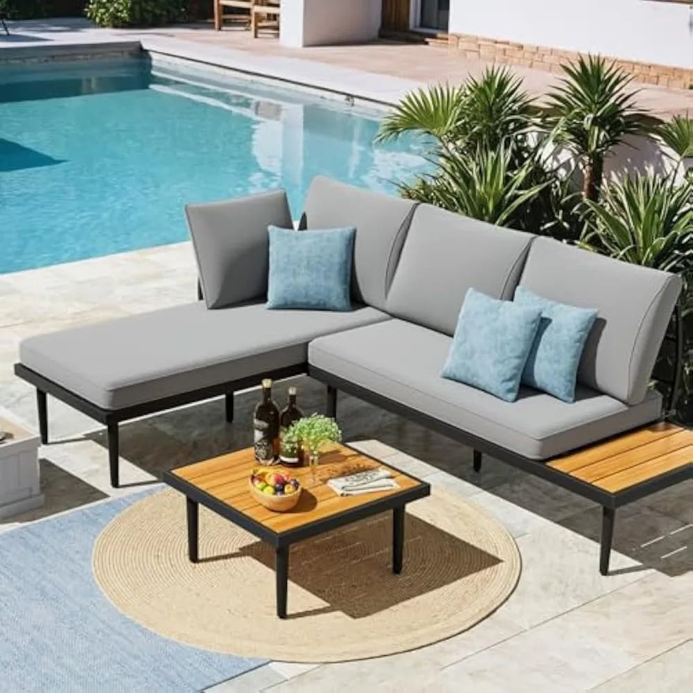 Outdoor Sectional Furniture Patio Sectional Sofa with Acacia Wood Table, Patio L-Shaped Conversation Set with All-Weather Cushi