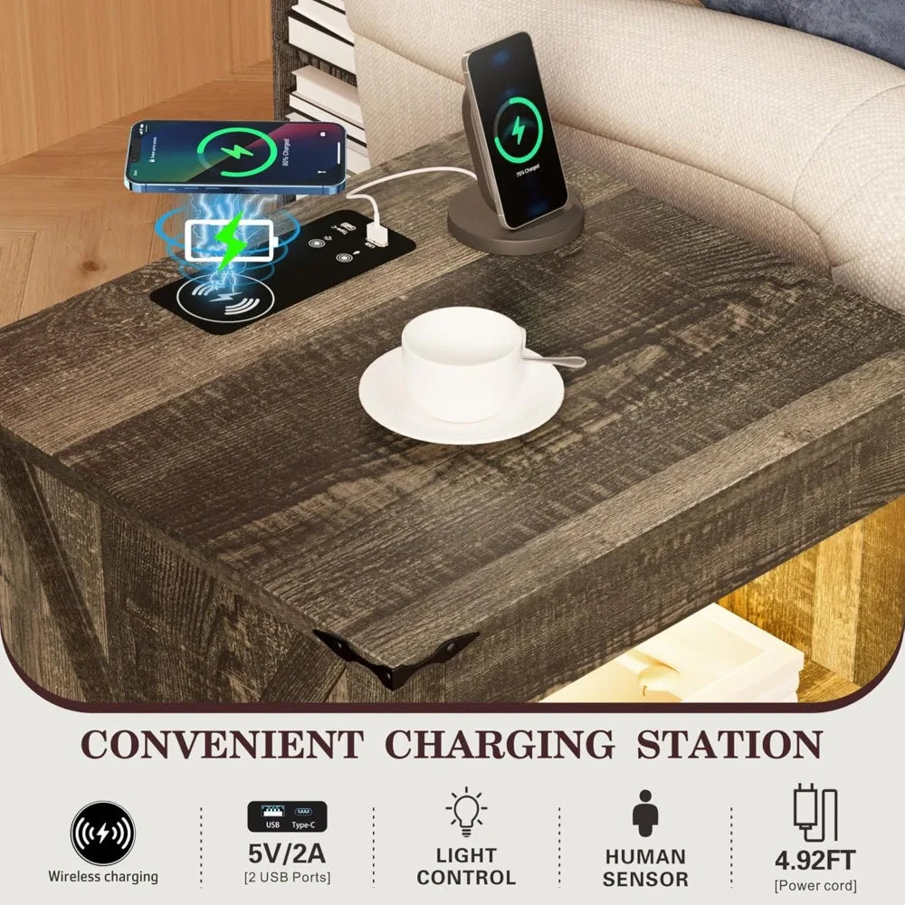 Farmhouse LED Nightstand with Gun Drawer&Invisible Lock,Modern Bedside Table with Human Sensor Design,Rustic Side Table
