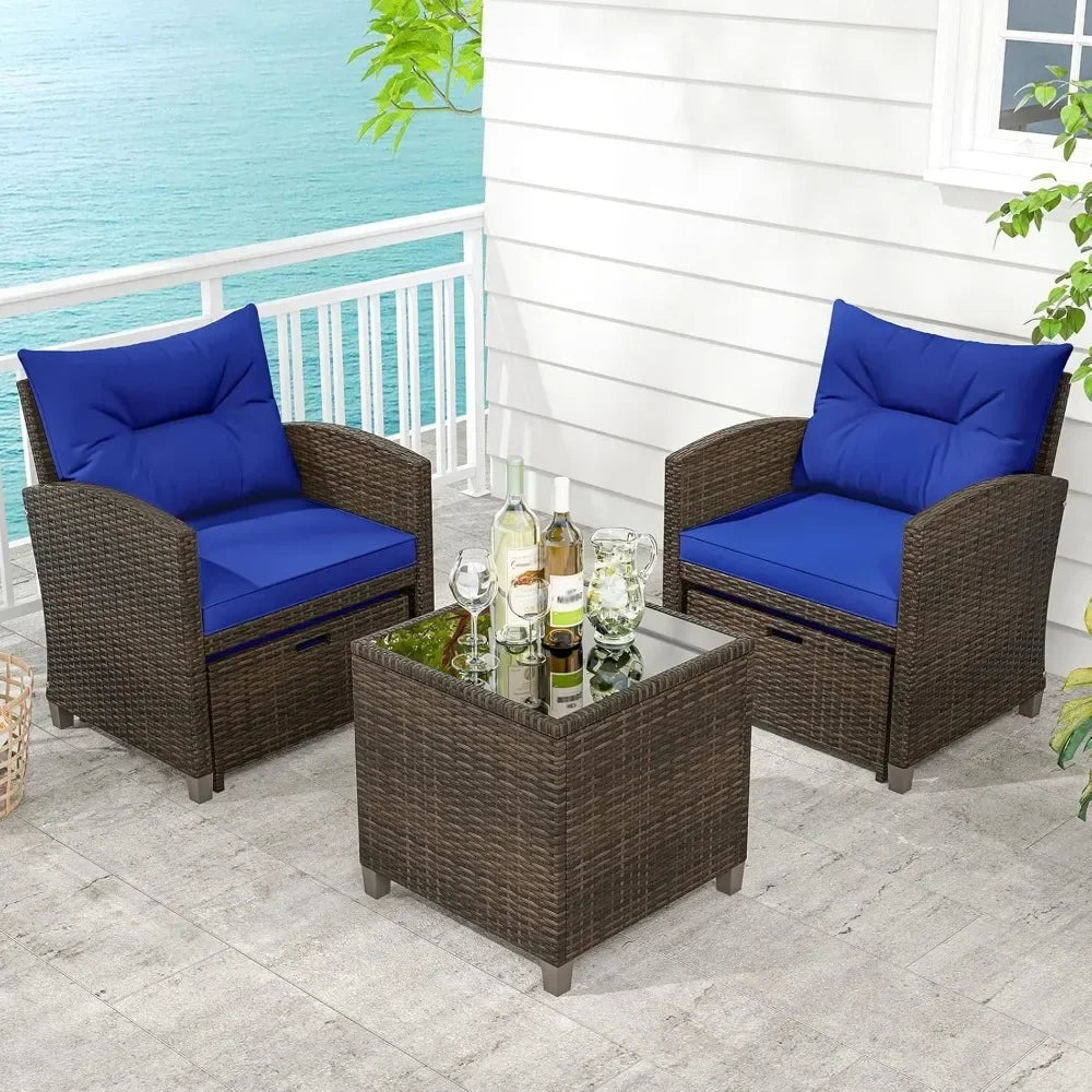 5 Pieces Patio Furniture Set with Ottoman, Wicker Conversation Set w/Cushions, Glass Coffee Table, Outdoor Rattan Lounger Chairs