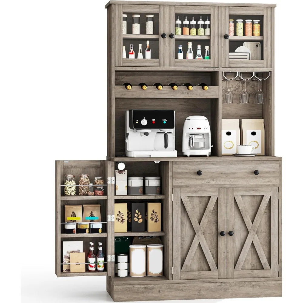 Kitchen Cabinet With Wine Rack & Power Outlet, 71" H Tall Storage Cabinet With Doors, Shelves, Drawer, Goblet Holder