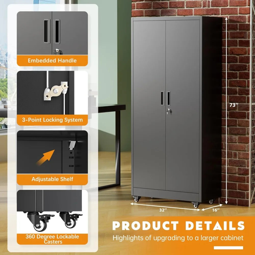 36" Metal Storage Cabinet with Wheels, Lockable Rolling Metal Garage Cabinets with 2 Doors and 4 Adjustable Shelves, Rolling To