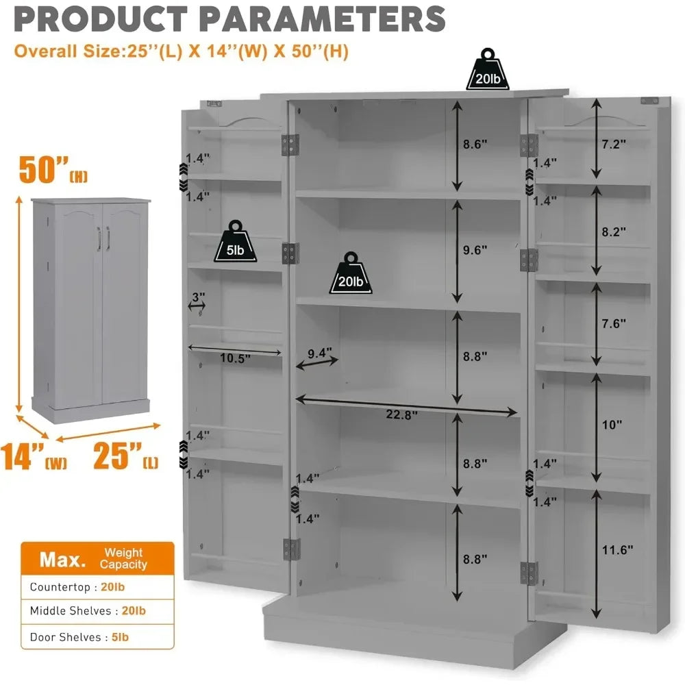 LED Kitchen Pantry Cabinet - 50" Food Storage Cupboard with 2 Doors & Adjustable Shelves, Perfect for Small Spaces