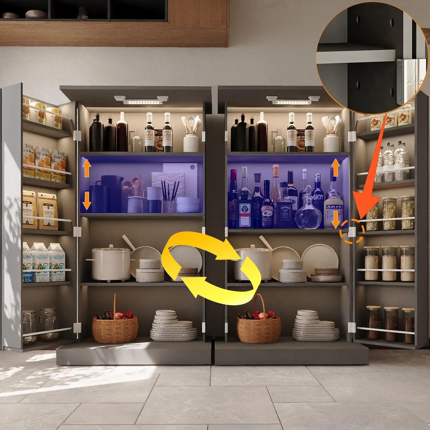 LED Kitchen Pantry Cabinet with 3 Adjustable Shelves and 2 Doors Wood Pantry Storage Cabinet with Handle for Kitchen Living Room