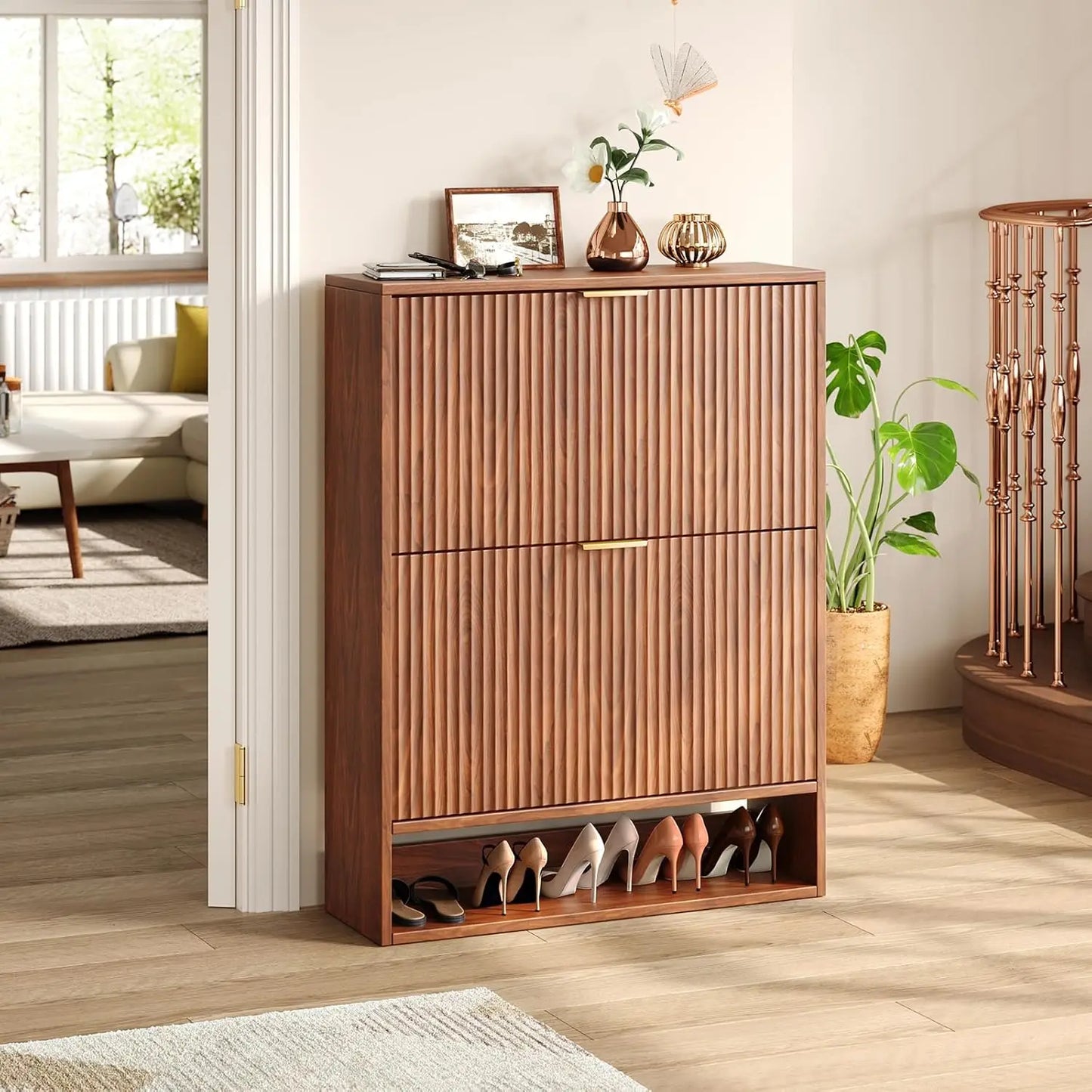 31.5''W Walnut Shoe Storage Cabinet for Entryway with 2 Flip Drawers, Fluted Slim Shoe Cabinet, Free Standing Wooden Shoes