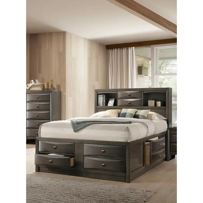 Contemporary King Size Bed Set with 2 Nightstands and Headboard in Gray - 3 Piece Bedroom Furniture