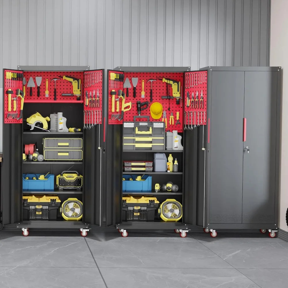 71" Metal Garage Storage Cabinet, Metal Garage Cabinets with Wheels,Tool Storage Cabinet with 5 Adjustable Shelves, Locking Stee