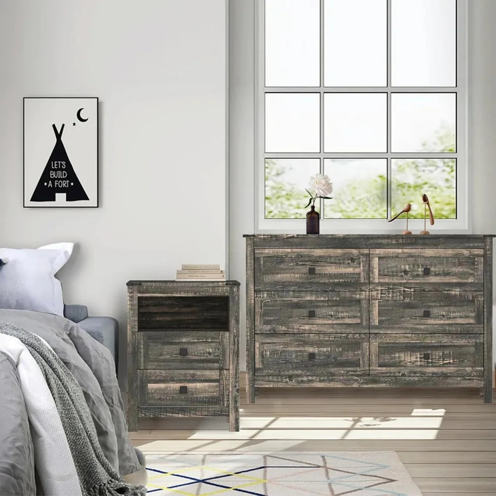 Farmhouse Bedroom Set, 3 Pieces Bedroom Furniture Set, Rustic Wood 6 Drawer Dresser and 2 Nightstands.