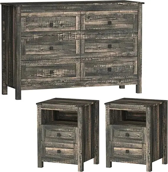 Farmhouse Bedroom Set, 3 Pieces Bedroom Furniture Set, Rustic Wood 6 Drawer Dresser and Two Nightstands.
